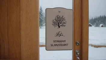 Et skilt på en hoteldør med teksten 'Sesongstengt' på norsk, med en bakgrunn av et vinterlandskap.