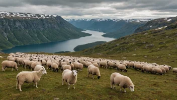 Et idyllisk landskap av et norsk fjell med sauer som beiter fredelig i forgrunnen.