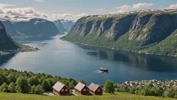 Et malerisk bilde av en norsk fjord med en båt seilende i det fjerne og en liten landsby på bredden.