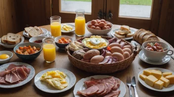 Et tradisjonelt norsk frokostbord med en variasjon av mat.