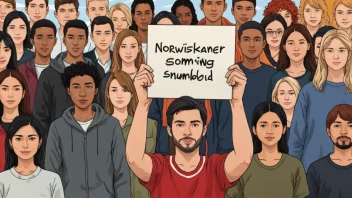 En illustrasjon av en person som holder et skilt med det norske ordet 'antidiskrimineringsombud' skrevet på det, som symboliserer kampen mot diskriminering.