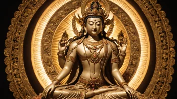 Avalokiteshvara, en buddhistisk bodhisattva, er avbildet med flere armer og et medfølende uttrykk, som symboliserer hans evne til å hjelpe andre.