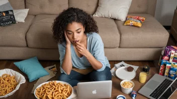 En person som sitter på en sofa, omgitt av snacks og distraherende ting, med en laptop eller bok i nærheten.