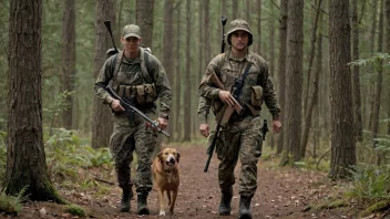 En person i jaktutstyr, går gjennom skogen med en rifle og en hund