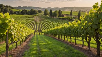 En vakker og frodig vingård med rader av vinranker og noen vinplanter i forgrunnen.