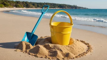 En solsekk med en spade og sand rundt, med en solrik strand i bakgrunnen.