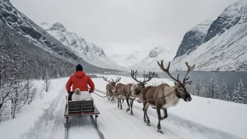 En person som kjører en reinsdyr sled gjennom et snødekt norsk landskap, med fjell og trær i bakgrunnen