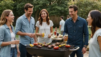 En hyggelig utendørs sammenkomst med venner og familie, sentrert rundt en grill fylt med deilige mat.