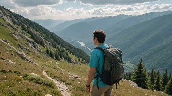 En person på en lang og eventyrlig reise, på tur i fjellet med ryggsekk og kart.