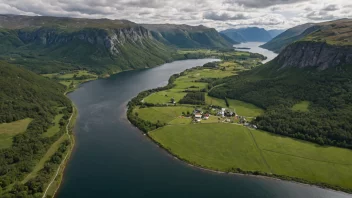 Flyfoto av Bolstadøyris gård i Lærdal kommune, Vestland fylke