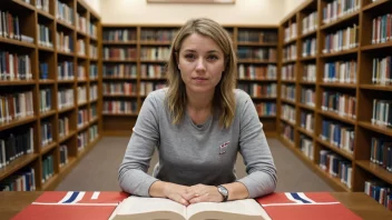 En person som leser en bok på biblioteket med et norsk flagg