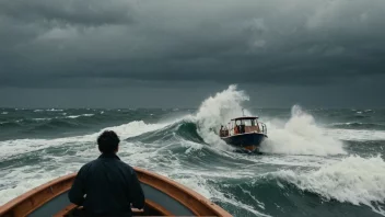 En person som prøver å styre en båt i stormfull sjø, mens båten kastes rundt av bølgene.