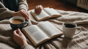 Et fredelig bilde av en person som nyter søndagen sin, med en kopp kaffe og en bok, omgitt av en rolig atmosfære.