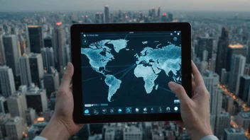 En person som holder en tablet med et teknologisk grensesnitt, med en bysilhuett i bakgrunnen, som representerer bruk av teknologi og innovasjon.