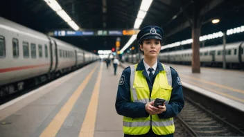 En signaloverfører står på en togplattform, holder et signalapparat og ser på kameraet.