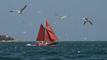 Et rødskjær i havet med sjøfugl flygende over