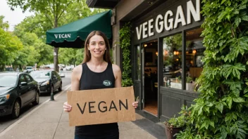 En person som promoterer veganisme foran en restaurant