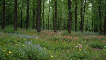 En fredelig skoglysning med en variasjon av flora