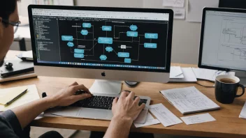 En person som jobber på en datamaskin med et flytdiagram på skjermen, omgitt av notater og diagrammer.