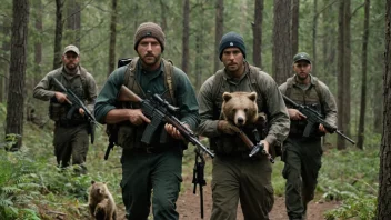 En gruppe bjørnejegere som går gjennom en skog.