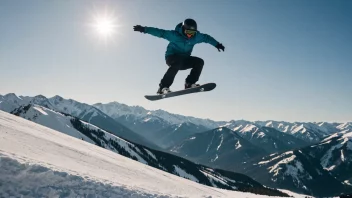 En person som utfører et freestylehopp på et snowboard, med et fjellandskap i bakgrunnen.