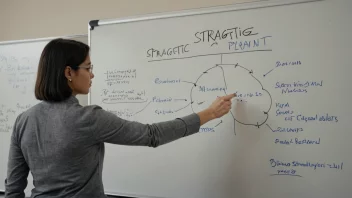 En person i en forretningskontekst, stående foran en whiteboard med en strategisk plan.