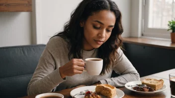 En person holder en kopp kaffe og smiler.