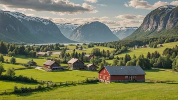 Et pittoreskt norsk gårdsbruk med en tradisjonell gård og uthus, omgitt av rullende åser og fjell.