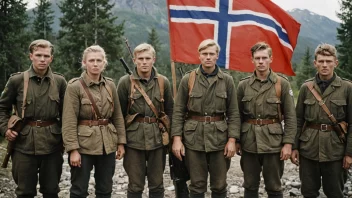 En gruppe norske motstandsfolk under andre verdenskrig, med et norsk flagg i bakgrunnen.