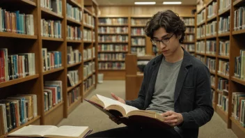 En person leser en musikkbok på biblioteket.