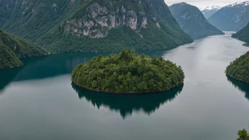 Et lite øy med tett vegetasjon midt i en fjord.