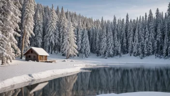 En vakker vinter scene med snødekte trær, en frossen innsjø og en koselig hytte i bakgrunnen.