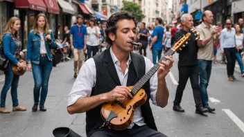 En gatemusiker som spiller gitar på en travel gate med mennesker som går forbi.