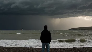 En person som står på stranden og ser ut på et stormfullt hav med en båt i det fjerne.