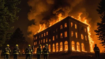 En nattscene med en stor brann som engulfer en bygning eller en skog, med flammer og røyk som stiger opp i luften.