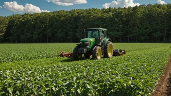 En bonde som arbeider i et jorde med en traktor, omgitt av natur.