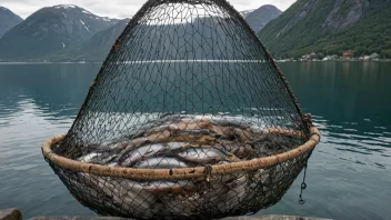 En fiskefelle med fisk inni, i et vakkert norsk landskap.