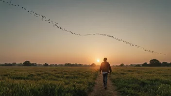 En fredelig og rolig scene av en person som går i naturen under soloppgang.