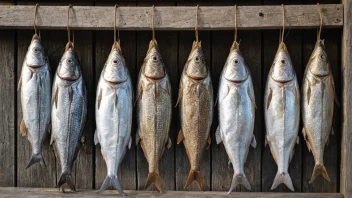 Tørket fisk som henger på trepaller utendørs, med en tradisjonell norsk bakgrunn.