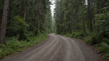 Eit bilete av ein svingete, ukjend veg gjennom ein tett skog.