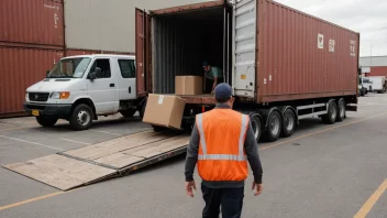 En levering av utstyr eller varer, med en lastebil eller container i bakgrunnen, og en person som mottar leveringen i forgrunnen.