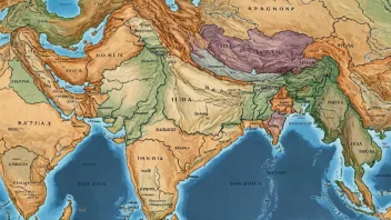 Et kart over SørAsia, som viser de forskjellige landene og geografiske egenskapene i regionen.