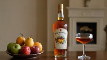 En flaske fruktbrandy med et glass og en fruktskål i bakgrunnen