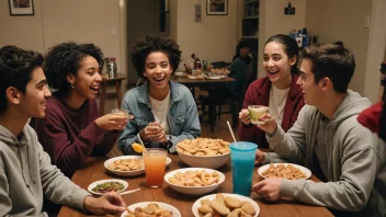 En gruppe studenter fra ulike bakgrunner og aldre samlet i et koselig rom med et stort bord i midten, ler og prater mens de nyter noen snacks og drikker.