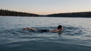 En person som svømmer i iskaldt vann om vinteren, med snødekte trær i bakgrunnen