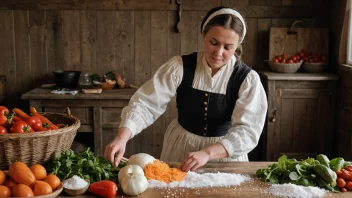 En kvinne i tradisjonell norsk klesdrakt er omgitt av grønnsaker og salt mens hun forbereder seg på den tradisjonelle saltleggingsprosessen.