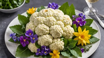 Et dekorativt blomkålarrangement på en tallerken, pyntet med ferske urter og spiselige blomster.