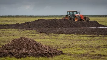 Et torvmyr med en traktor og en stack torv i bakgrunnen.