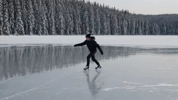 En fredelig vinterscene med en person som går på skøyter på en frossen innsjø.