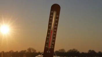 Et termometer som viser en lav temperatur, med morgensolen som stiger i bakgrunnen.